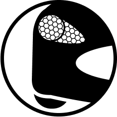 Black and white circular sign with a close up on a car headlight.