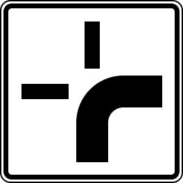 Black and white square sign with one curved line and two straight smaller lines showing there is an upcoming priority turn.