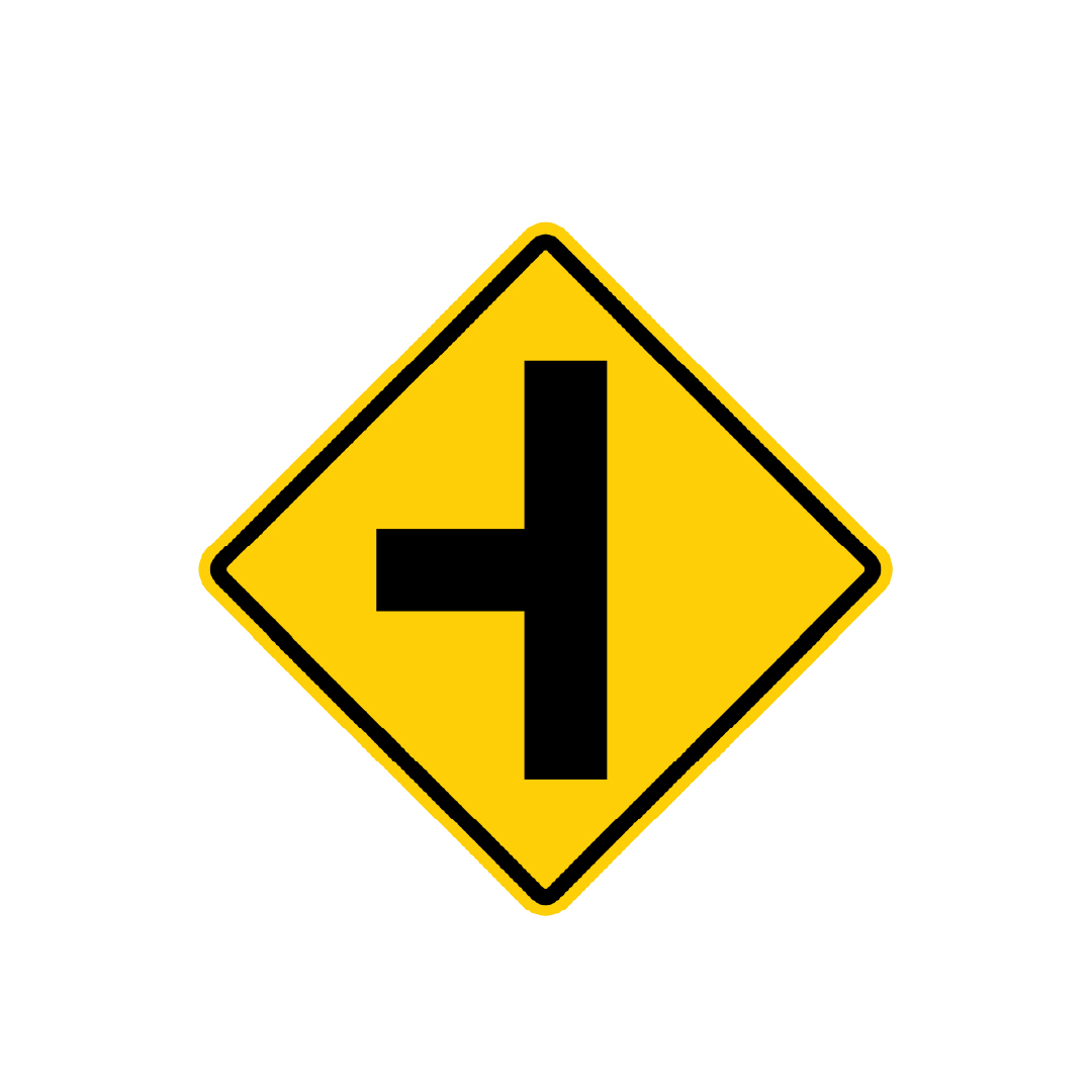 Yellow diamond-shaped road sign with a black T-intersection symbol indicating a side road ahead. 