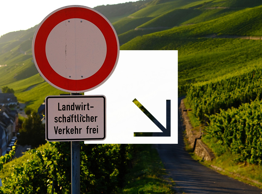 German road signs in a rural vineyard area, used to illustrate driving rules in Germany and how car hire excess insurance helps when navigating unfamiliar roads.